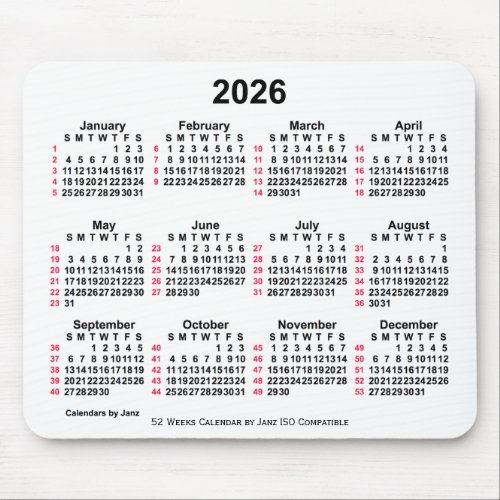 2026 White 52 Weeks ISO Calendar by Janz Mouse Pad