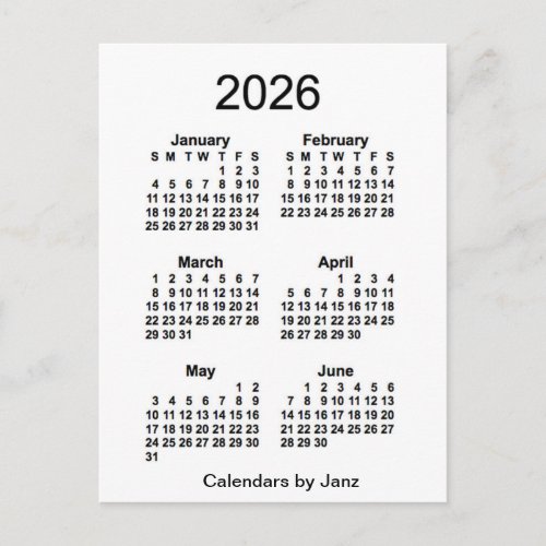 2026 White 6 Month Mini Calendar by Janz Postcard