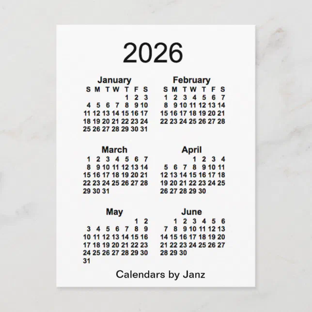 2026 White 6 Month Mini Calendar by Janz Postcard | Zazzle