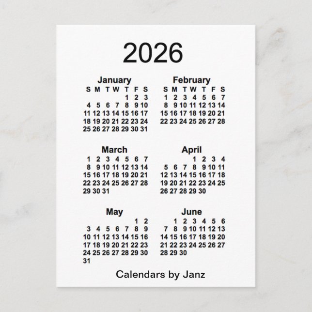 2026 White 6 Month Mini Calendar by Janz Postcard (Front)