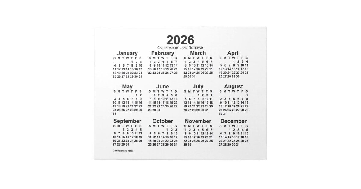 2026 White Calendar by Janz 11x8.5 Notepad Zazzle