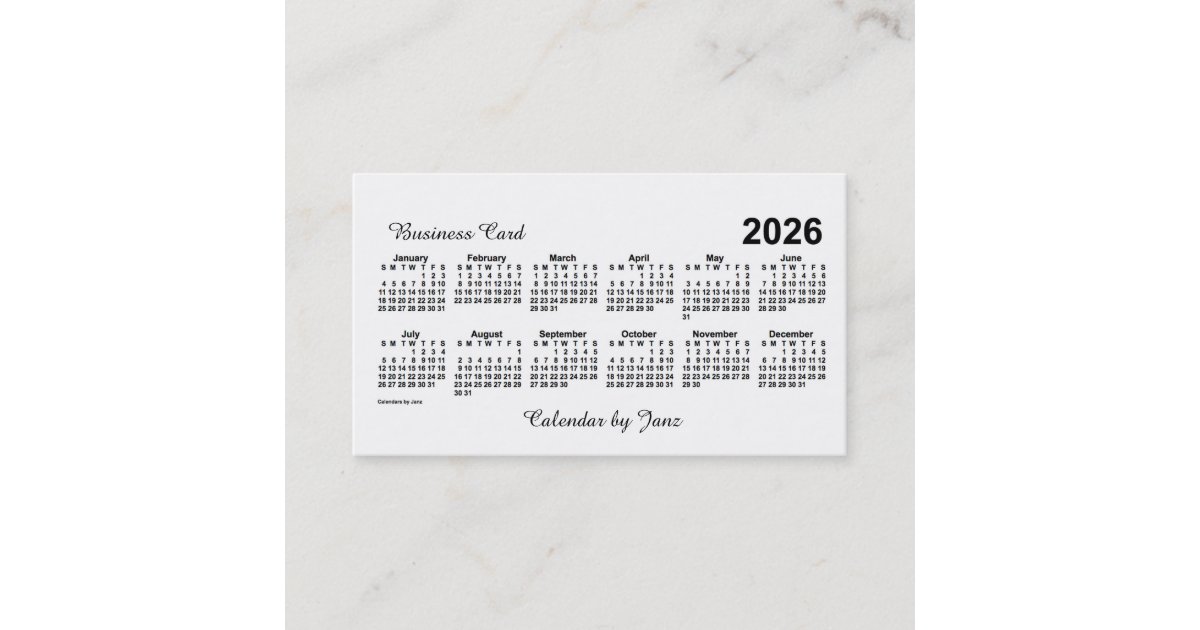 2026 White Calendar by Janz Business Card Zazzle