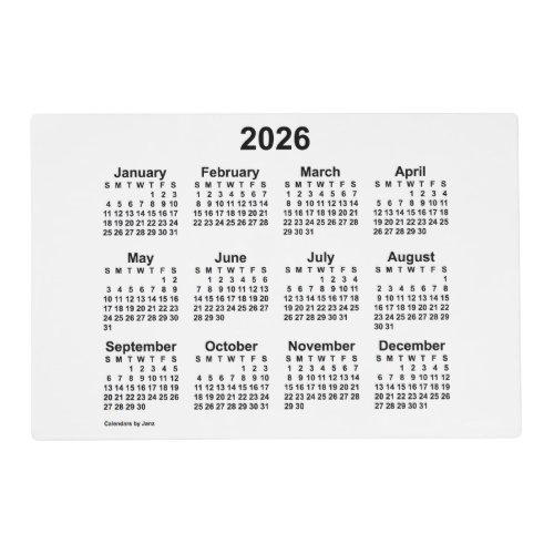 2026 White Calendar by Janz Laminated Placemat