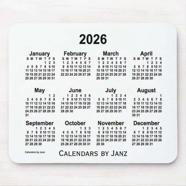 2026 White Calendar by Janz Mouse Pad Zazzle