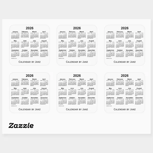 2026 White Calendar by Janz Square Sticker Zazzle