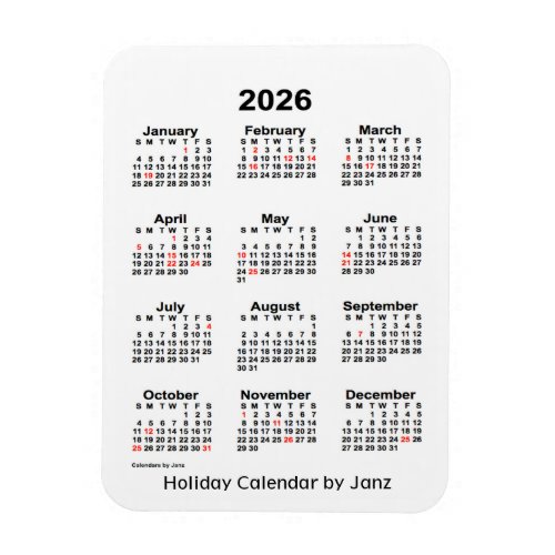 2026 White  Holiday Calendar by Janz Magnet