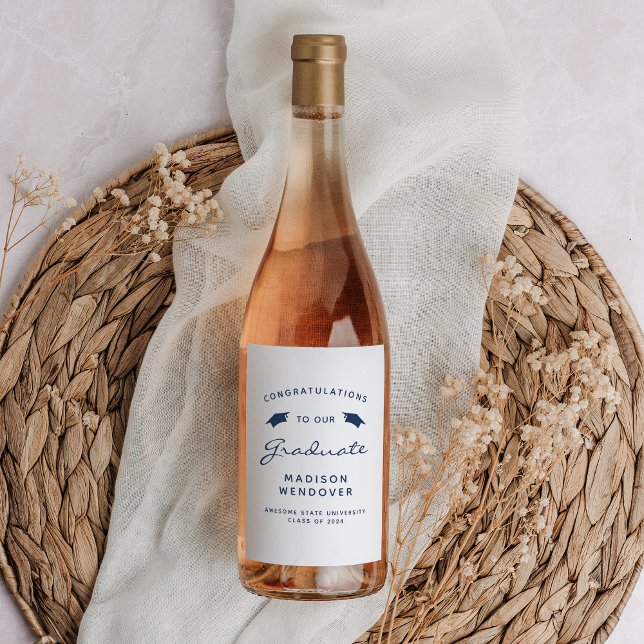2026 White Navy Blue Script Cap Graduation Wine Label (Creator Uploaded)