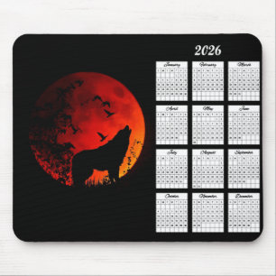 2026 Wolf Silhouette and Blood Moon Calendar Mouse Pad
