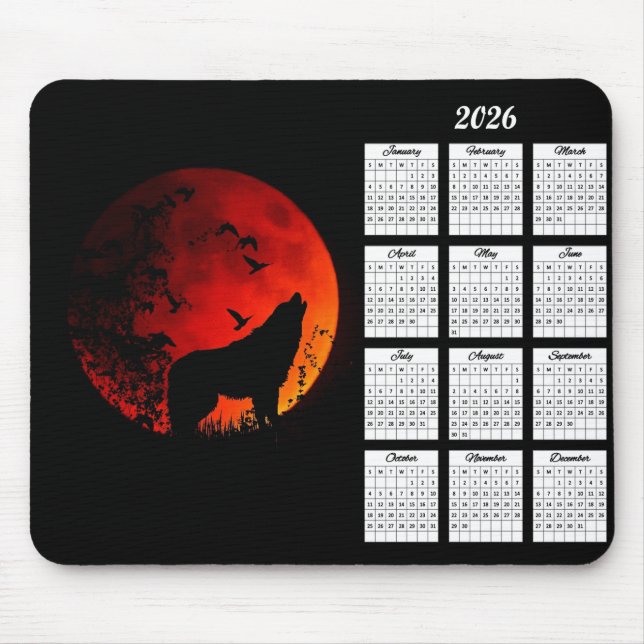 2026 Wolf Silhouette and Blood Moon Calendar Mouse Pad (Front)