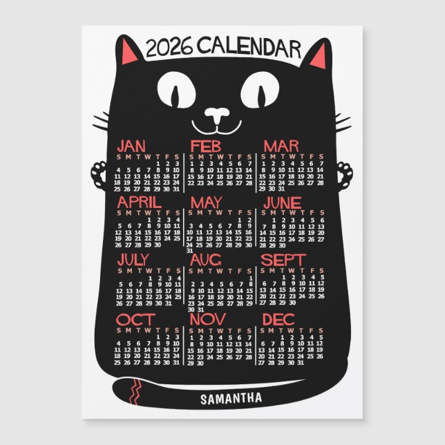 2026 Year Calendar Mid-Century Black Cat Magnet (Front)