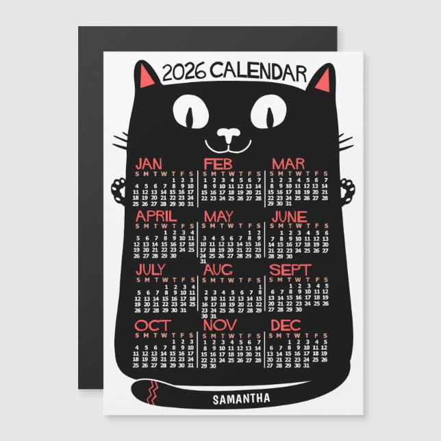 2026 Year Calendar Mid-Century Black Cat Monthly Magnetic Invitation (Front/Back)