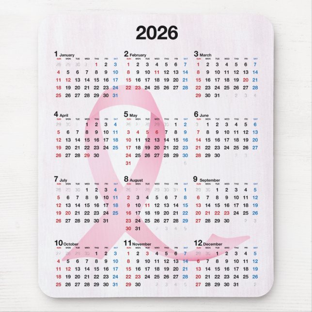 2026 Year Calendar Pink Ribbon Mouse Pad (Front)