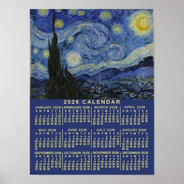 2026 Year Calendar Starry Night or Add Your Photo Poster (Front)