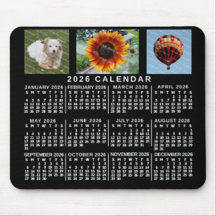 2026 Year Monthly Calendar Black Custom 3 Photos Mouse Pad