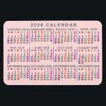 2026 Year Monthly Calendar Blush Pink Colorful Magnet<br><div class="desc">This 2026 year monthly calendar flexible magnet shows the days of the week for each month in bright colors. Each daily column is a different color, making it easier to read. Behind the rainbow of colors, the magnet is a light blush pink - but you can customize the background to...</div>