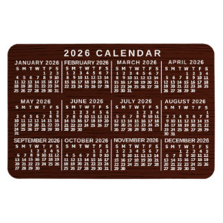 2026 Year Monthly Calendar Brown Wood Grain Simple Magnet
