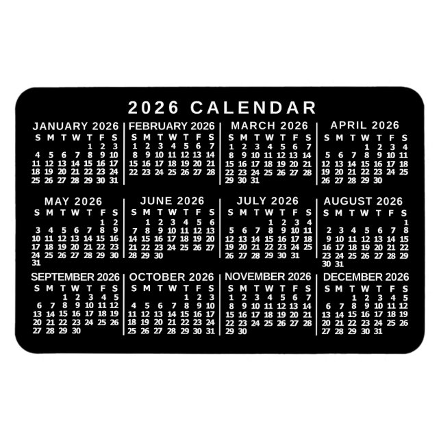 2026 Year Monthly Calendar Classic Black and White Magnet (Horizontal)