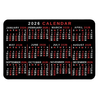2026 Year Monthly Calendar Classic Black Red White Magnet