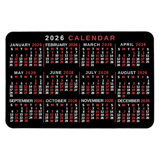 2026 Year Monthly Calendar Classic Black Red White Magnet (Horizontal)