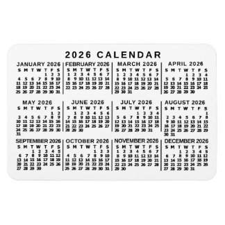 2026 Year Monthly Calendar Classic White and Black Magnet