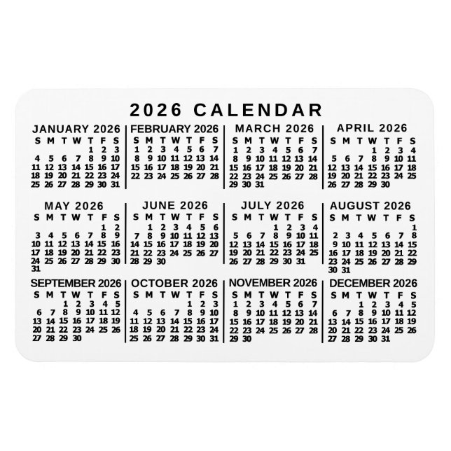 2026 Year Monthly Calendar Classic White and Black Magnet (Horizontal)