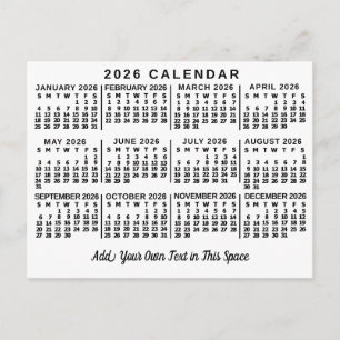 2026 Year Monthly Calendar Classic White and Black Postcard
