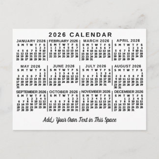 2026 Year Monthly Calendar Classic White and Black Postcard
