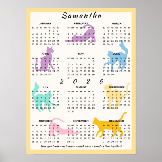 2026 Year Monthly Calendar Cute Pastel Playful Cat Poster (Front)