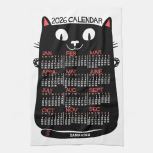 2026 Year Monthly Calendar Mid-Century Black Cat Kitchen Towel