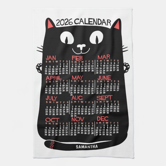 2026 Year Monthly Calendar Mid-Century Black Cat Kitchen Towel (Vertical)