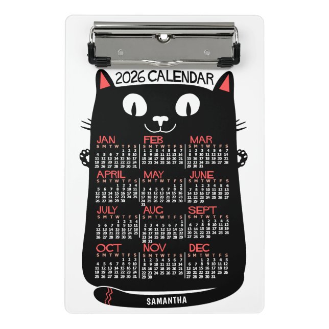 2026 Year Monthly Calendar Mid-Century Black Cat Mini Clipboard (Front)