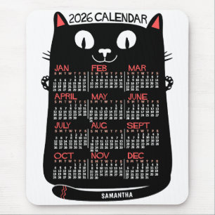 2026 Year Monthly Calendar Mid-Century Black Cat Mouse Pad