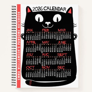 2026 Year Monthly Calendar Mid-Century Black Cat Notebook