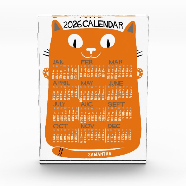 2026 Year Monthly Calendar Mid-Century Orange Cat Acrylic Award (Front)