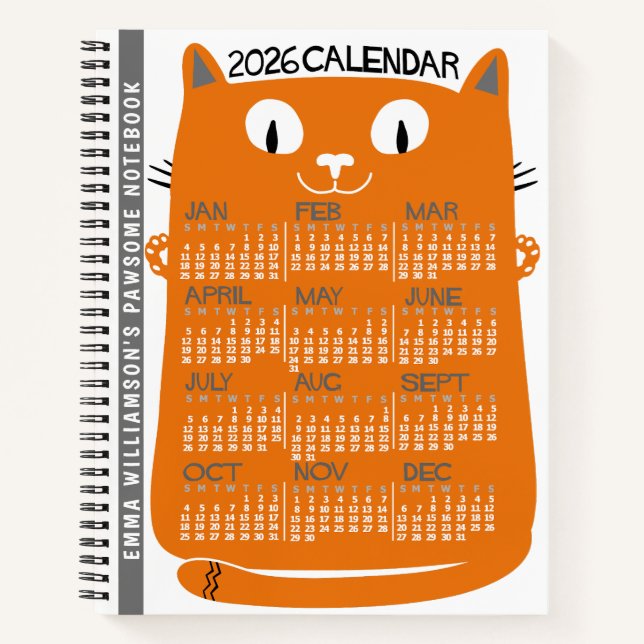 2026 Year Monthly Calendar Mid-Century Orange Cat Notebook (Front)