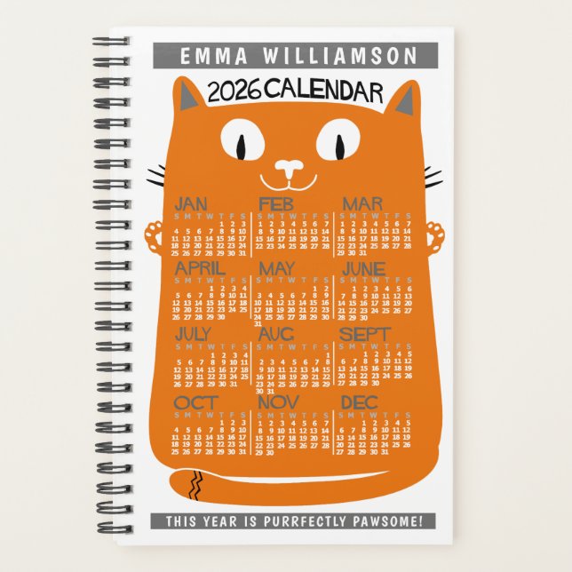 2026 Year Monthly Calendar Midcentury Orange Cat S Planner (Front)