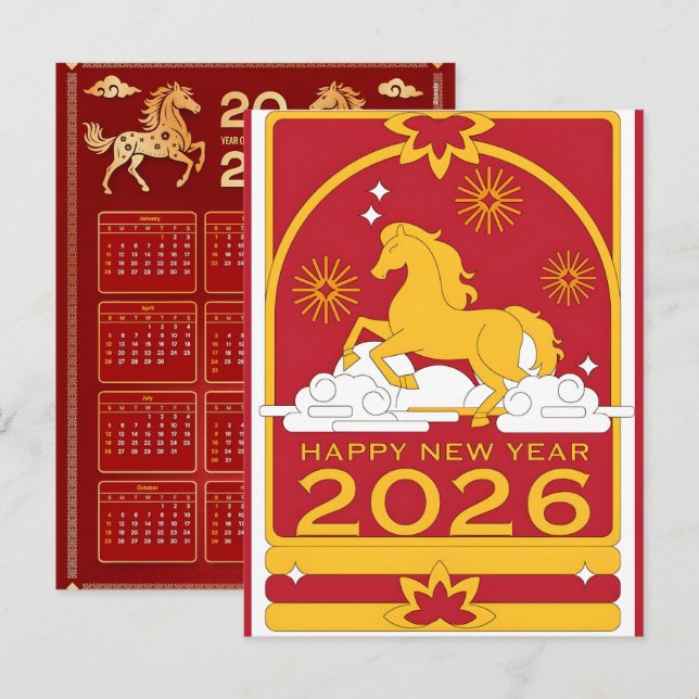 2026 Year of Horse Chinese Wall Calendar Holiday Postcard (Front/Back)