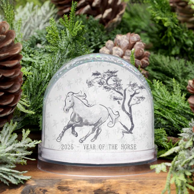 2026 Year of the Fire Horse Black and White  Snow Globe (Winter)