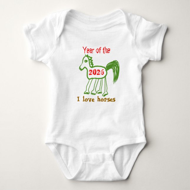 2026 Year of the Horse Fun Green Horse Baby Bodysuit (Front)