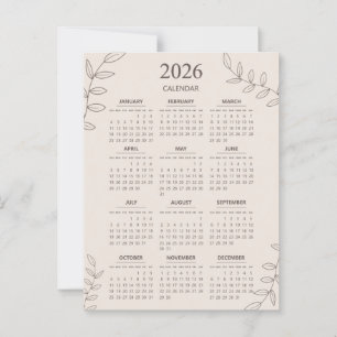 2026 Yearly Calendar Floral Line Art Minimalist  Postcard