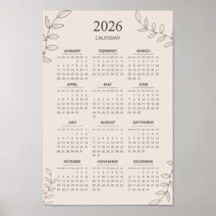 2026 Yearly Calendar Floral Line Art Minimalist Poster