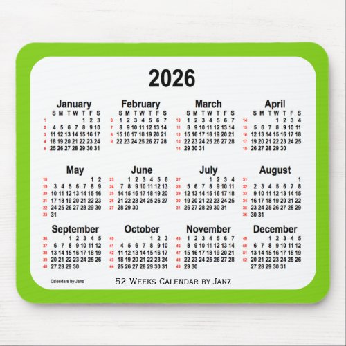 2026 Yellow Green 52 Weeks Calendar by Janz Mouse Pad