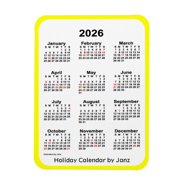 2026 Yellow Holiday Calendar by Janz Magnet (Vertical)
