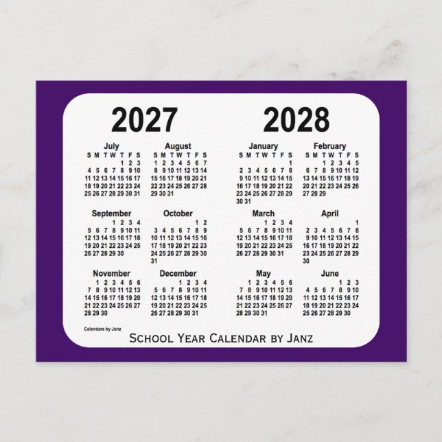 2027-2028 Purple Mini School Year Calendar by Janz Postcard (Front)
