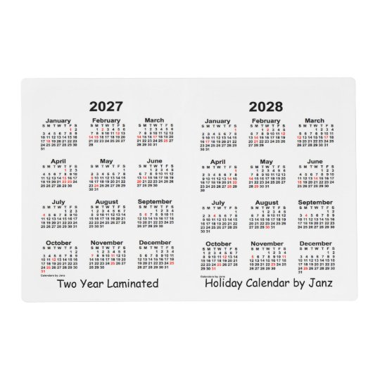 2027-2028 White 2 Year Holiday Calendar by Janz Placemat | Zazzle.com