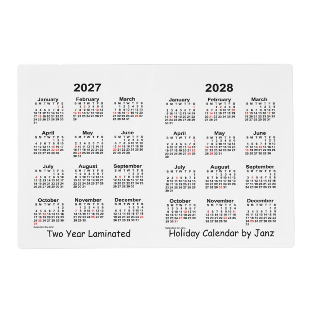 2027-2028 White 2 Year Holiday Calendar by Janz Placemat (Front)