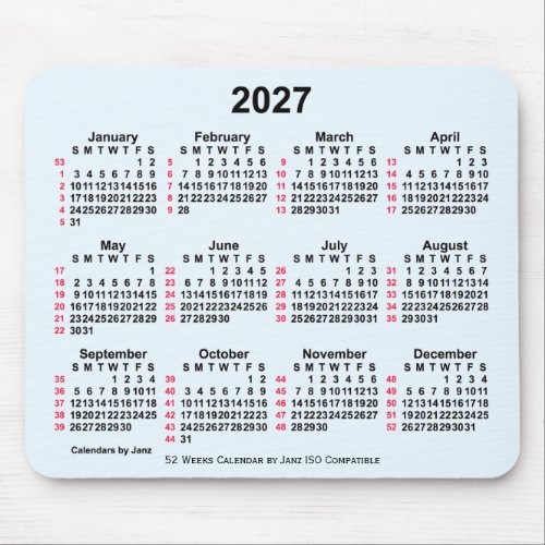 2027 Alice Blue 52 Weeks ISO Calendar by Janz Mouse Pad