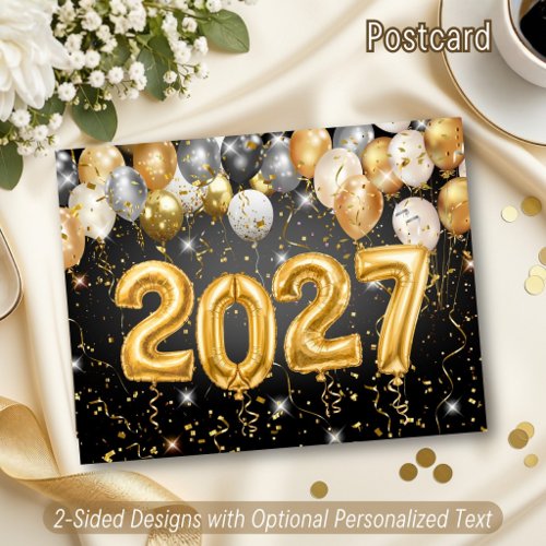 2027 Balloon Numbers Happy New Year Black and Gold Holiday Postcard