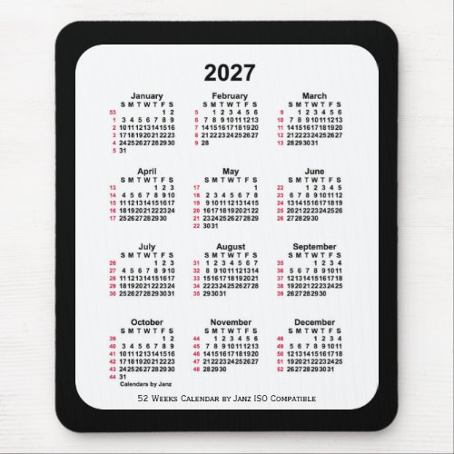 2027 Black 52 Weeks ISO Calendar by Janz Two Tone Mouse Pad