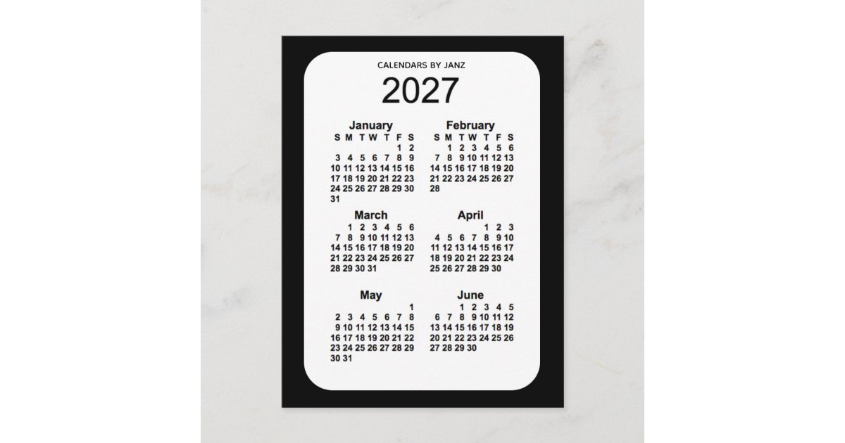 2027 Black 6 Month Mini Calendar by Janz Postcard | Zazzle